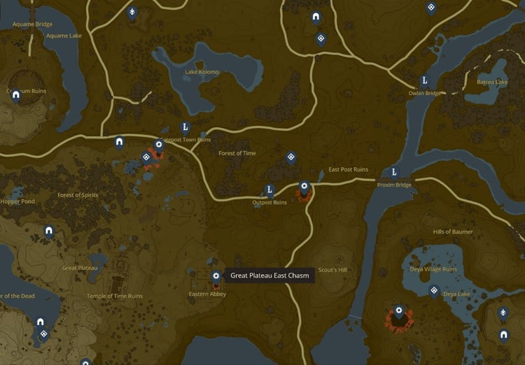 Map of Hyrule Pointing Out Great Plateau East Chasm