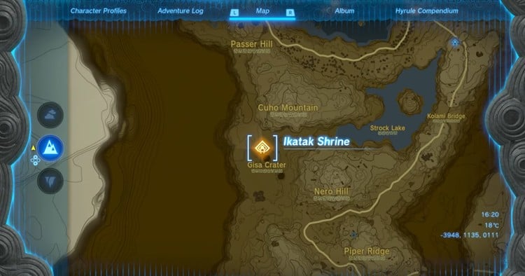 Map of Hyrule Pointing Out Ikatak Shrine