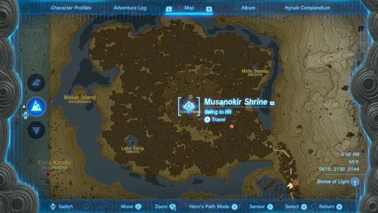 Map of Hyrule pointing out Musanokir Shrine