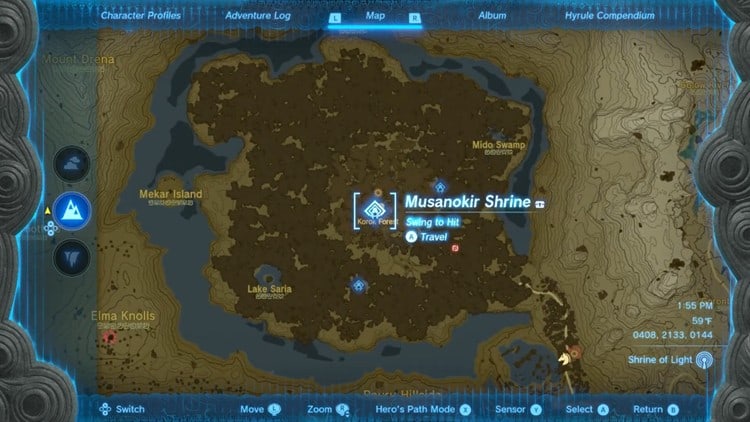 Musanokir Shrine Location marked on Hyrule Map in Zelda Tears of the Kingdom