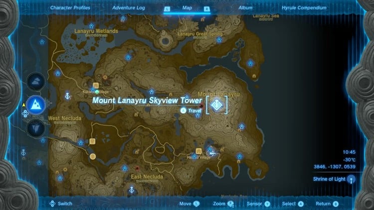 Map of Hyrule Pointing Out Mount Lanayru Skyview Tower