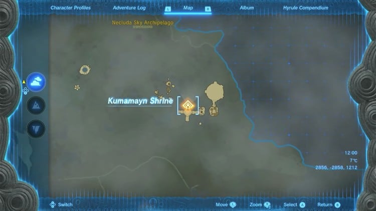 Sky Map of Hyrule in Tears of the Kingdom Pointing Out Kumamayn Shrine.