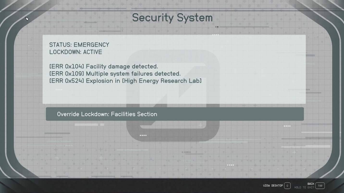 Find a way to override the security system of the Facilities Section in Starfield. 