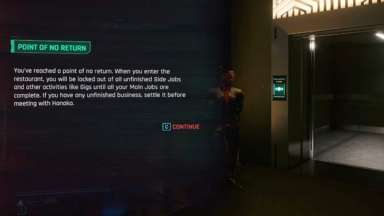 You will see a point of no return warning just before the elevators of Embers club in Cyberpunk 2077.
