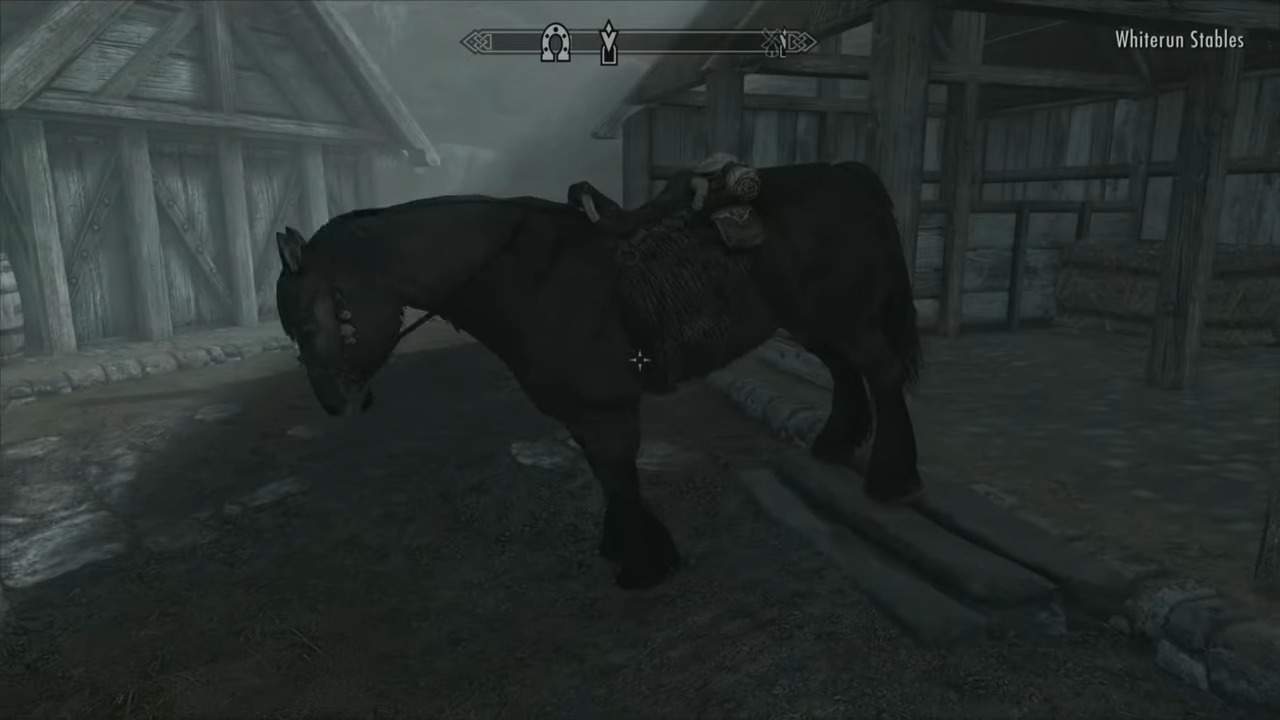 A black horse in the whiterun stables in Skyrim