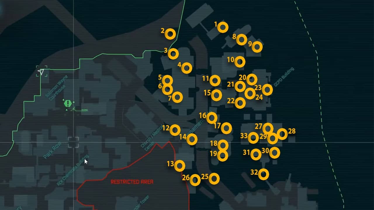 The map locations of all Riddler Trophies in the Amusement Mile district. 