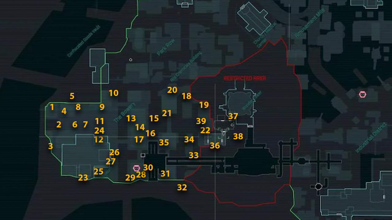 The map locations of all Riddler Trophies in the Bowery district. 