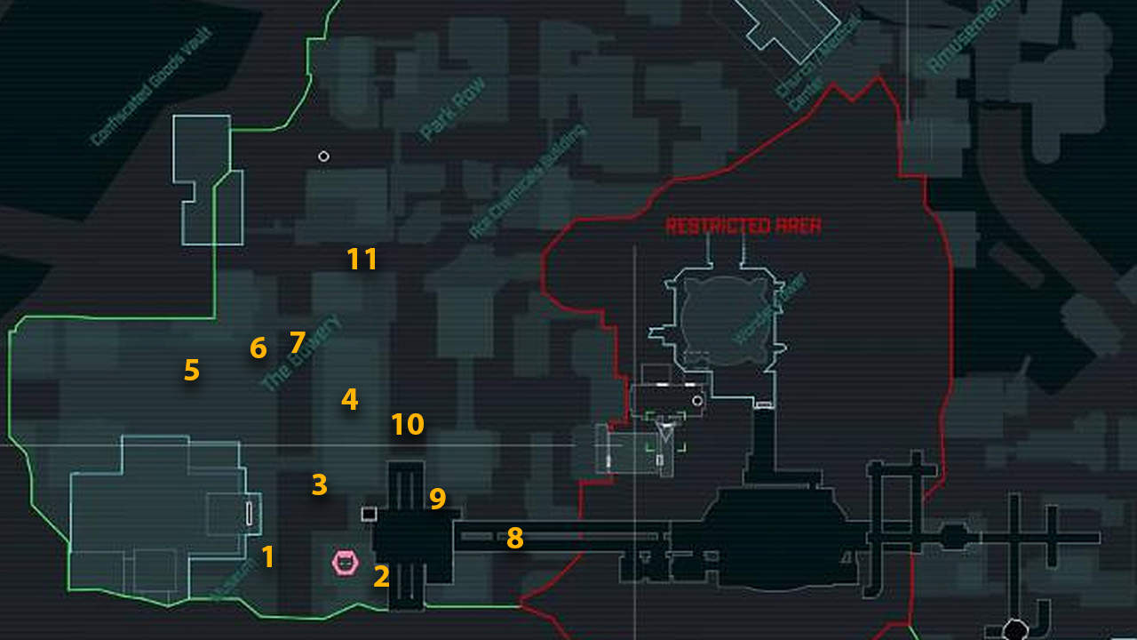 The map locations of Catwoman's loot in the Bowery district. 