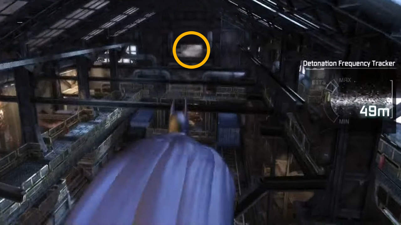 The second Harley bomb is directly opposite to the sniper in Batman: Arkham City.