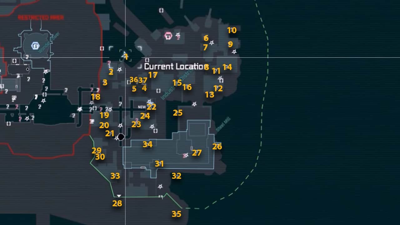 The map locations of all Riddler Trophies in the Industrial District. 