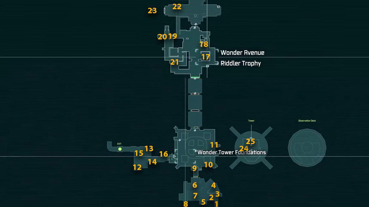 The map locations of all Riddler Trophies in Wonder City. 