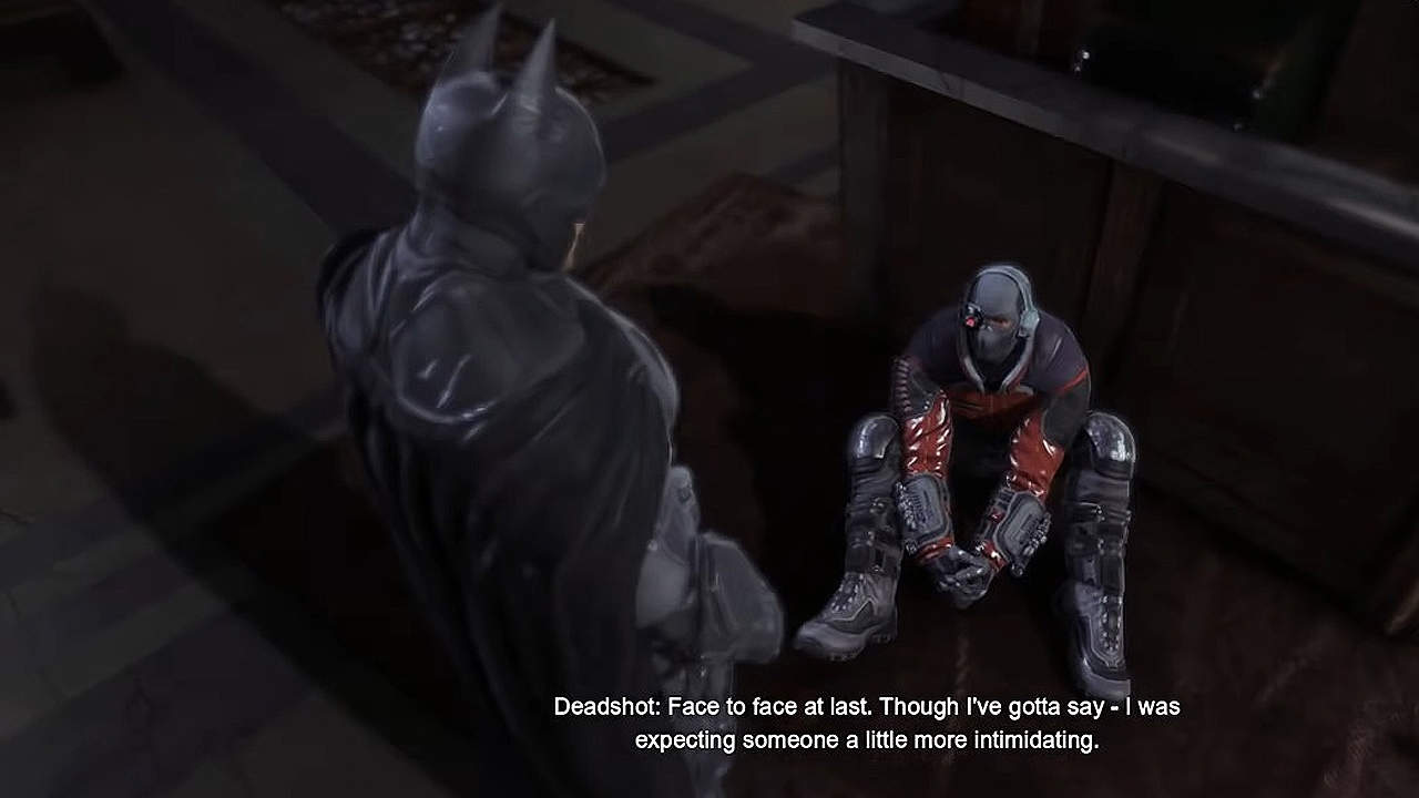 Deadshot gets his arms broken in this boss fight. 
