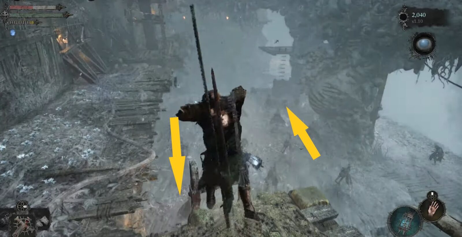 Climb down and then climb up using ladder as shown by arrows
