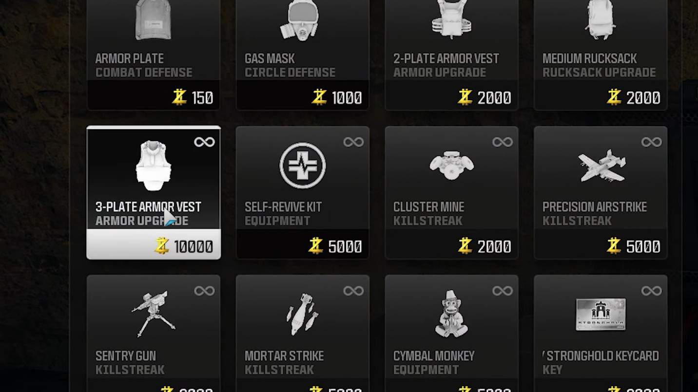 buy station menu for 3-plate armor vests in mw3 zombies