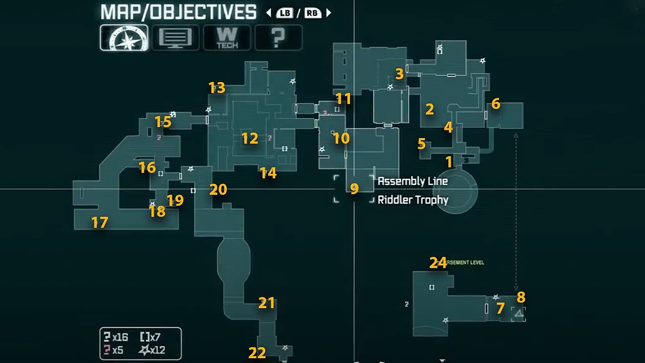 The map locations of all Riddler Trophies inside the Steel Mill. 