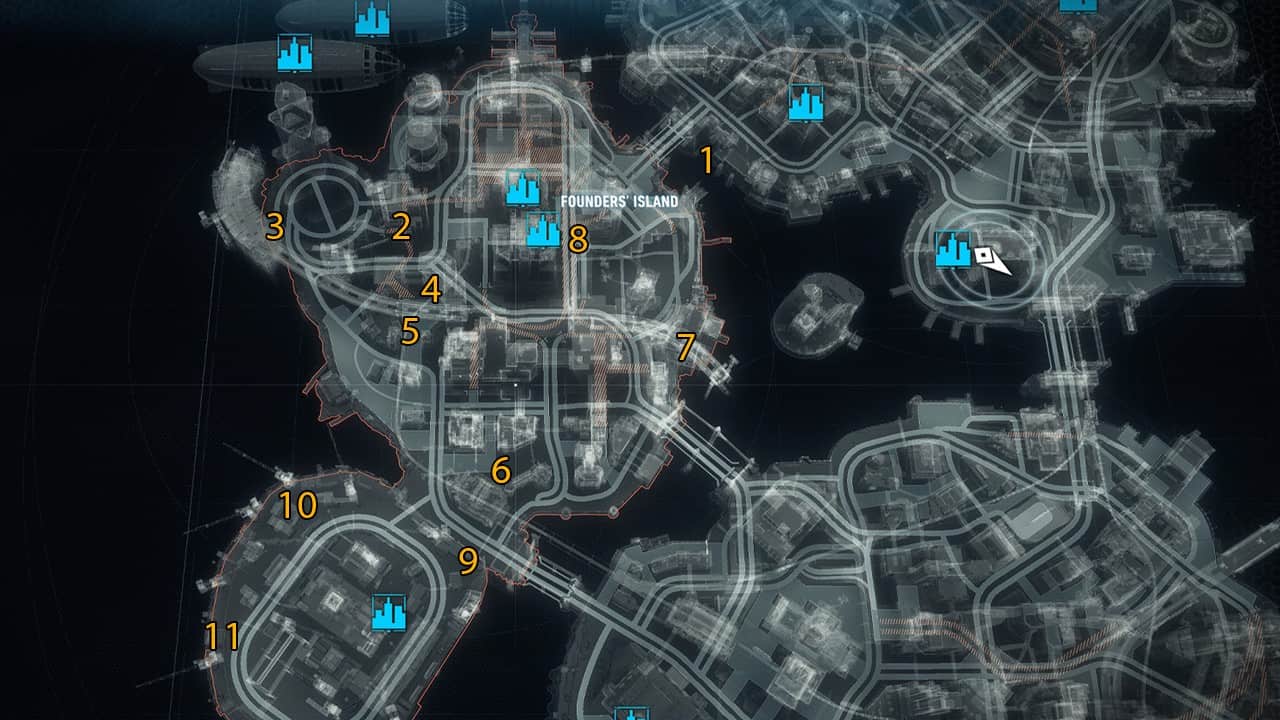 The map locations of all breakable objects on Founders' Island in Batman: Arkham Knight.