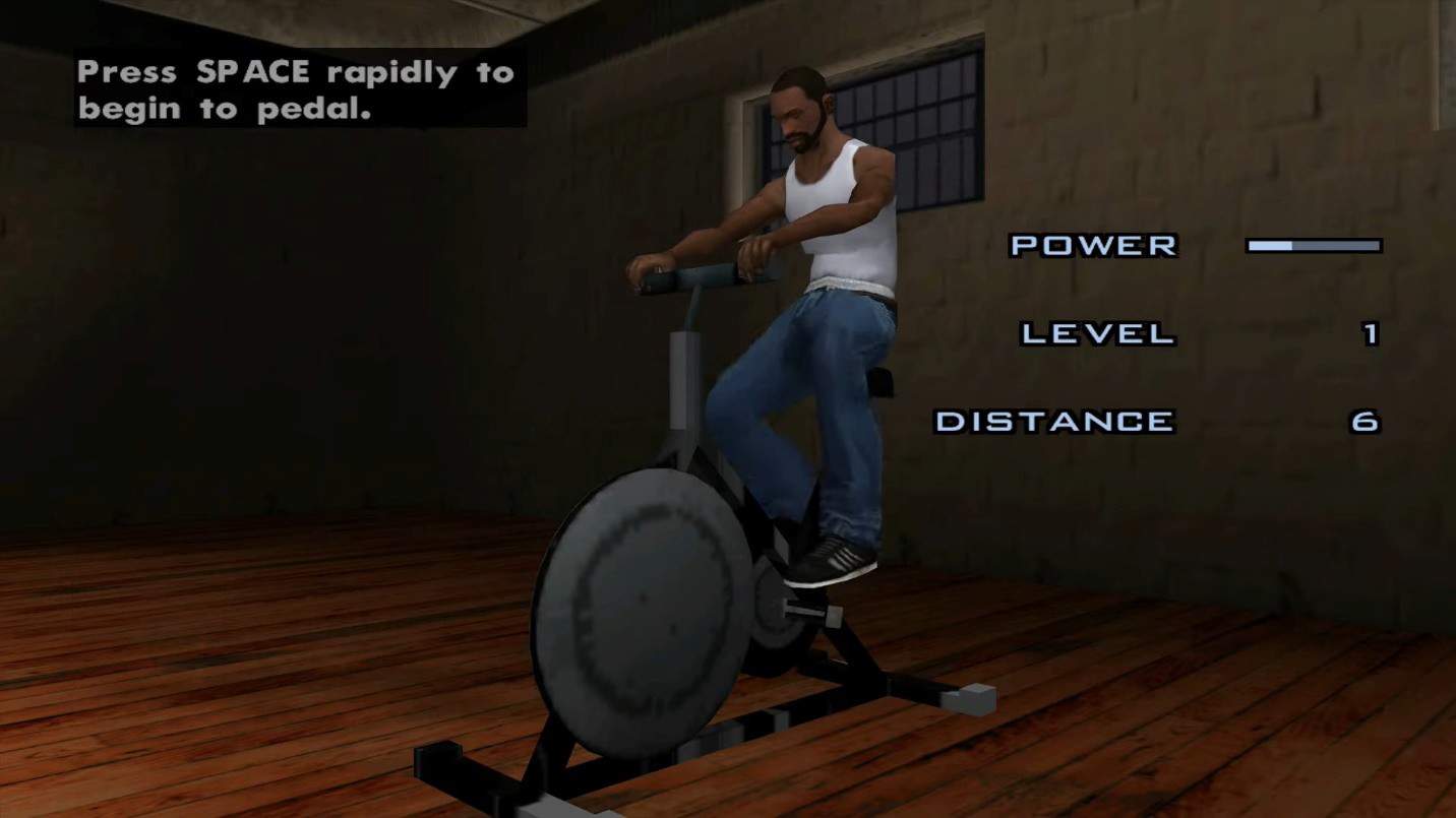 CJ cycling in preparation for fighting styles training in GTA San Andreas