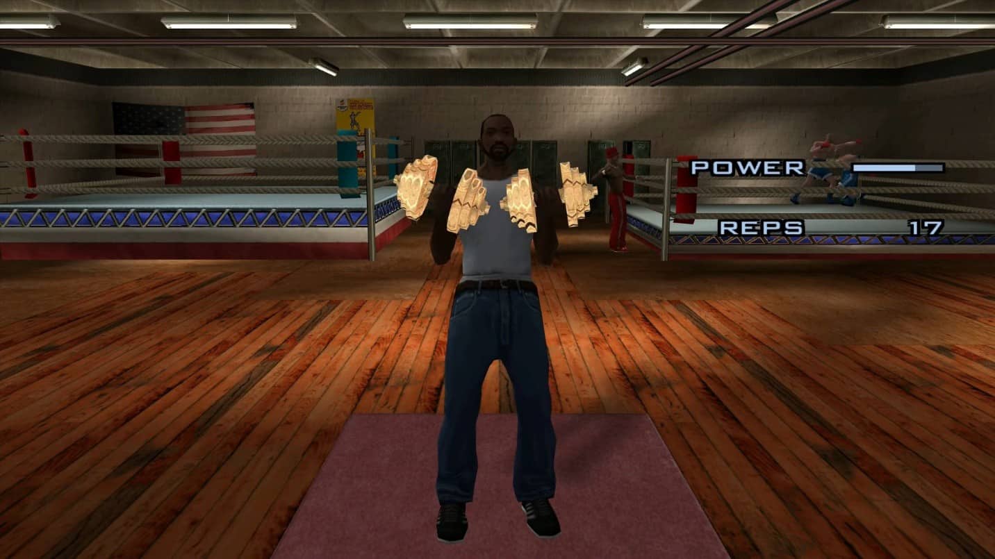 CJ pumping some dumbbells in preparation for fighting styles training in GTA San Andreas